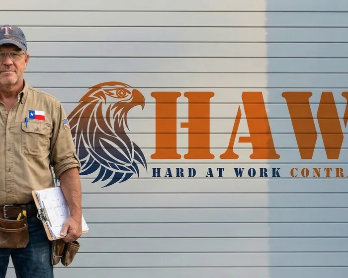 HAWC General Contracting owner in front of branded shop door